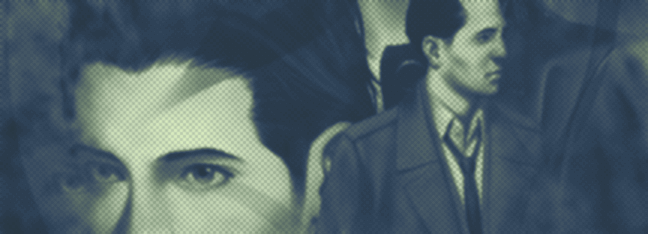 FMV from The Silver Case. A crude 3D model of a young man with round glasses sits in the middle of a room filled with computer models. A green and blue duotone effect was applied to the image along with a halftone effect.